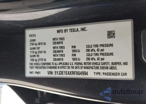2024 Tesla Model 3 Long Range Dual Motor All-Wheel Drive/Rear-Wheel Drive из США, поврежденный, VIN 5YJ3E1EAXRF864994